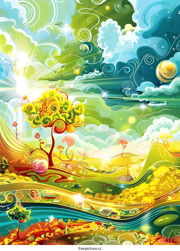 Abstract Landscape with Wavy Lines and Colorful Trees