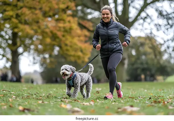 Woman Running with Dog in Park