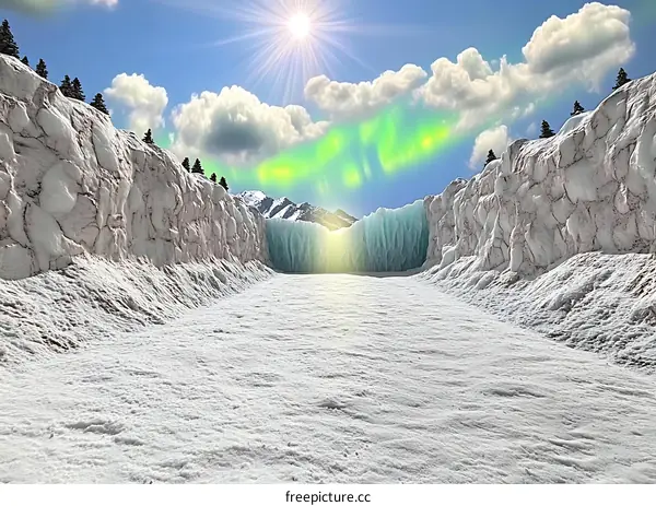 Frozen Landscape With Mountains And Sun