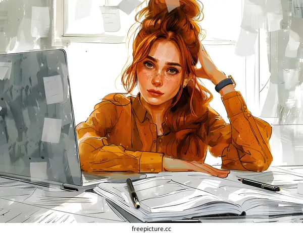 redhead girl studying