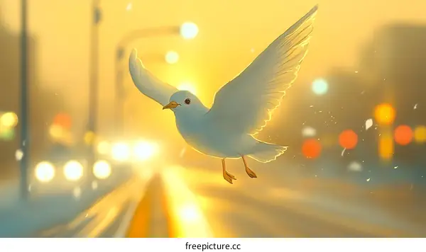 A Bird Soaring Over a City at Sunrise