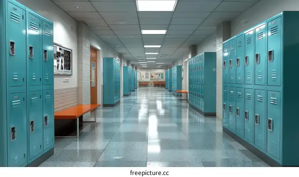 School Corridor with Blue Lockers