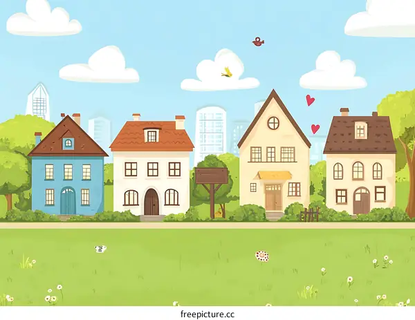 Cute Cartoon Illustration of Suburban Houses With Green Grass and Blue Sky