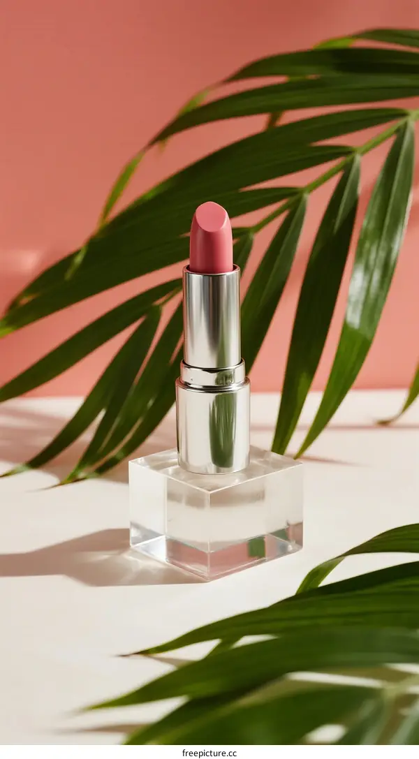 Pink lipstick with transparent case on white surface near green palm leaves