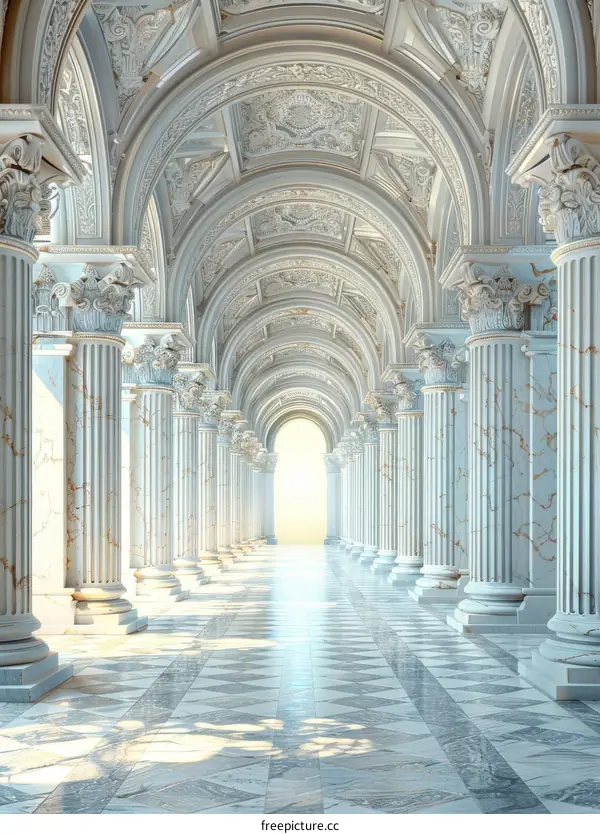 Grand Hallway with Marble Columns and Coffered Ceiling