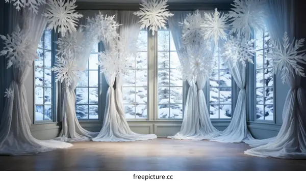 Winter wonderland room with snowflakes and snow-covered trees outside the windows