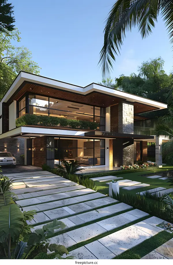 Modern house exterior with green landscape