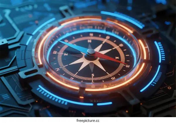 Futuristic Digital Compass with Glowing Circuit Lines