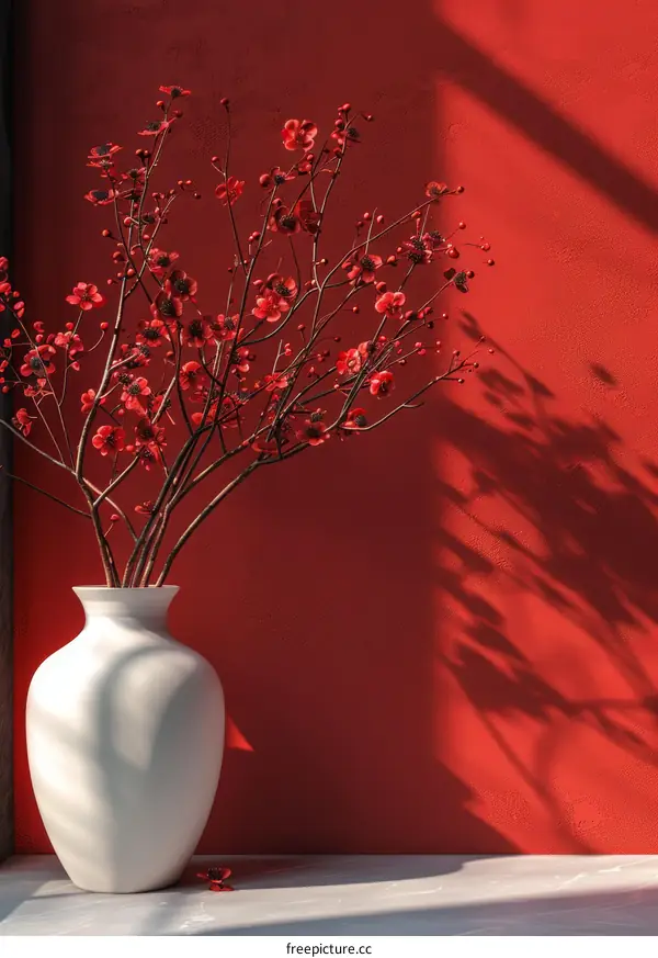 Red Blossoms in a White Vase Against a Red Background