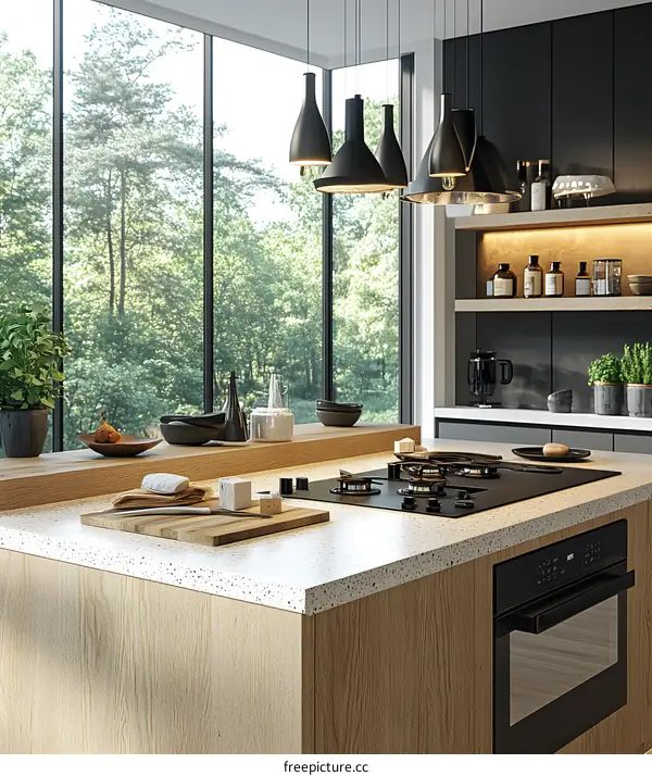 Modern Kitchen Design with Black Pendant Lights and Wood Countertop