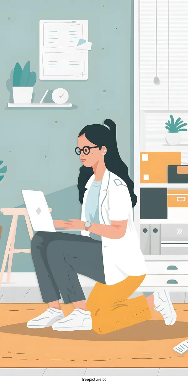 Woman Working On Laptop In Home Office