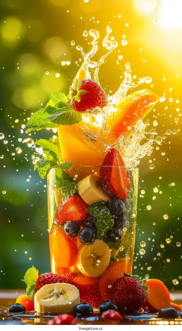 Refreshing fruit juice with strawberries, blueberries, and mint