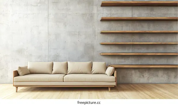 Modern Living Room Interior Design with Wooden Shelves