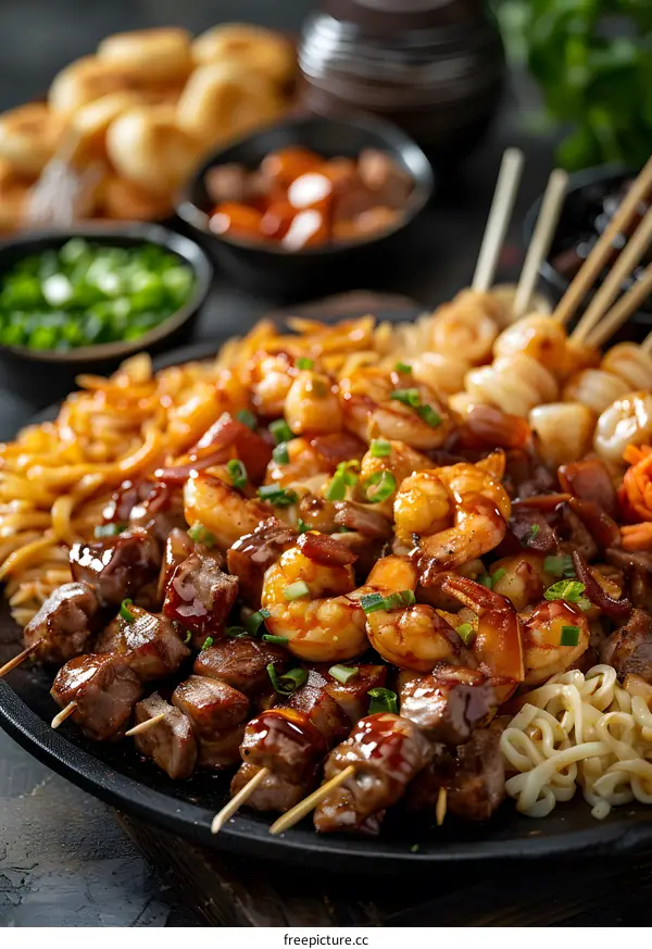Closeup of Japanese Food with Skewered Shrimp and Pork
