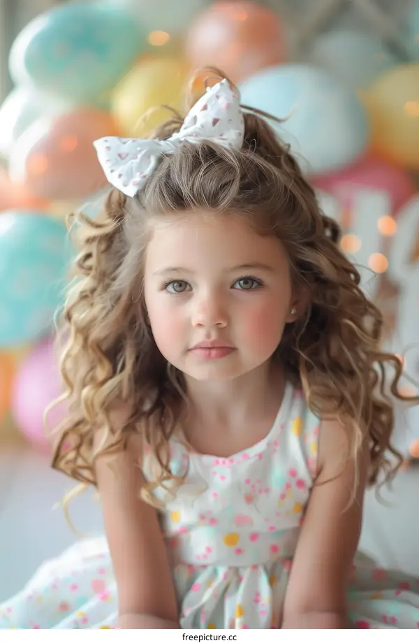 Little girl with curly hair wearing a big bow in her hair
