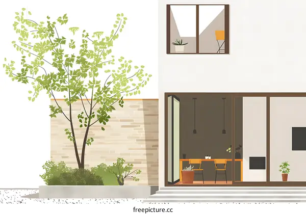 Modern House With Large Glass Doors And A Green Tree In The Garden