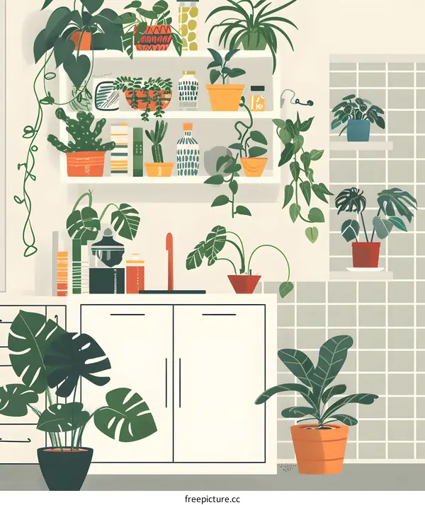 Green Plants in Kitchen Interior Illustration