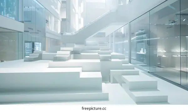 Modern White Interior Design with Glass Walls and Minimalist Architectural Features