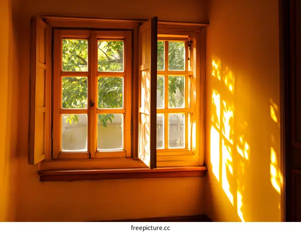 Sunlight Streaming Through Open Window With Wooden Shutters