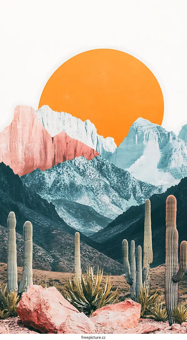 Desert Mountain Sunset with Cactus Illustration