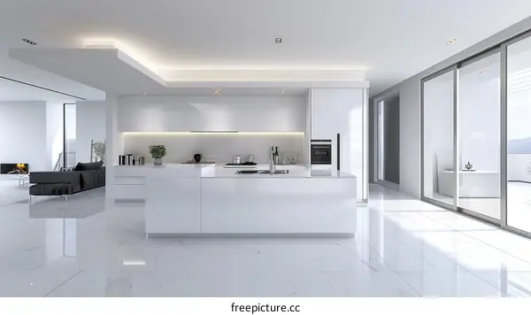 Modern kitchen with white marble floor and large windows