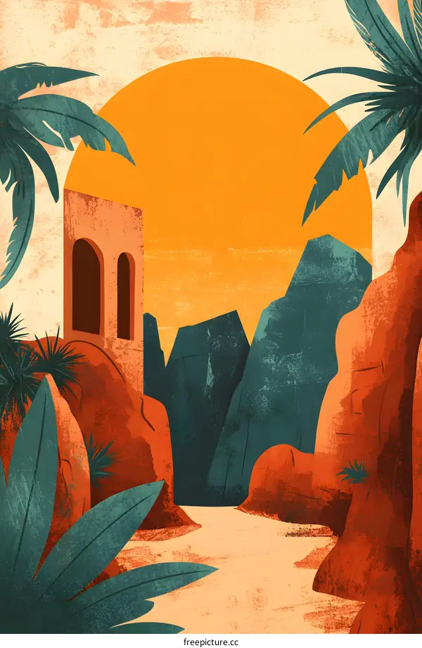 Tropical Landscape with Palm Trees and Sunset