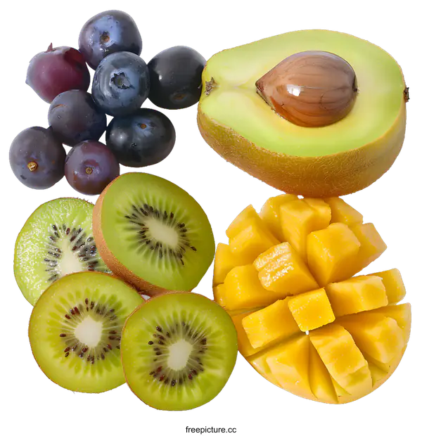 [Transparent Background PNG]Fresh Fruit Assortment - Kiwi, Mango, Avocado, and Grapes