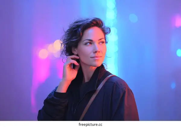 Woman in vibrant neon city lights
