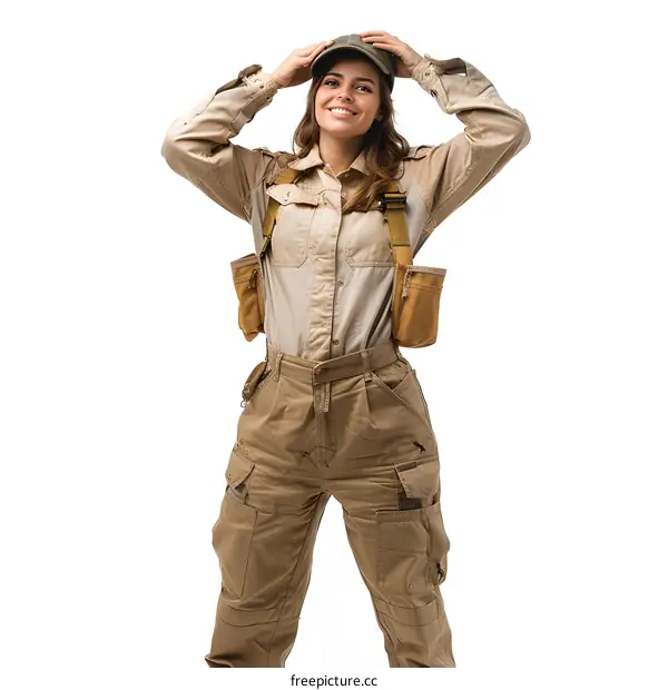 Cheerful woman in khaki jumpsuit and cap