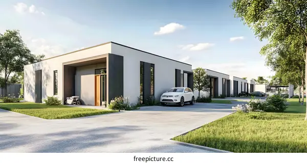 Modern House Design with White Facade and Green Lawn