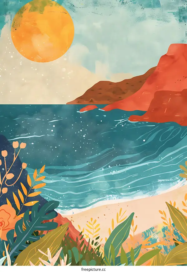 Beach Summer Illustration with Sun and Ocean