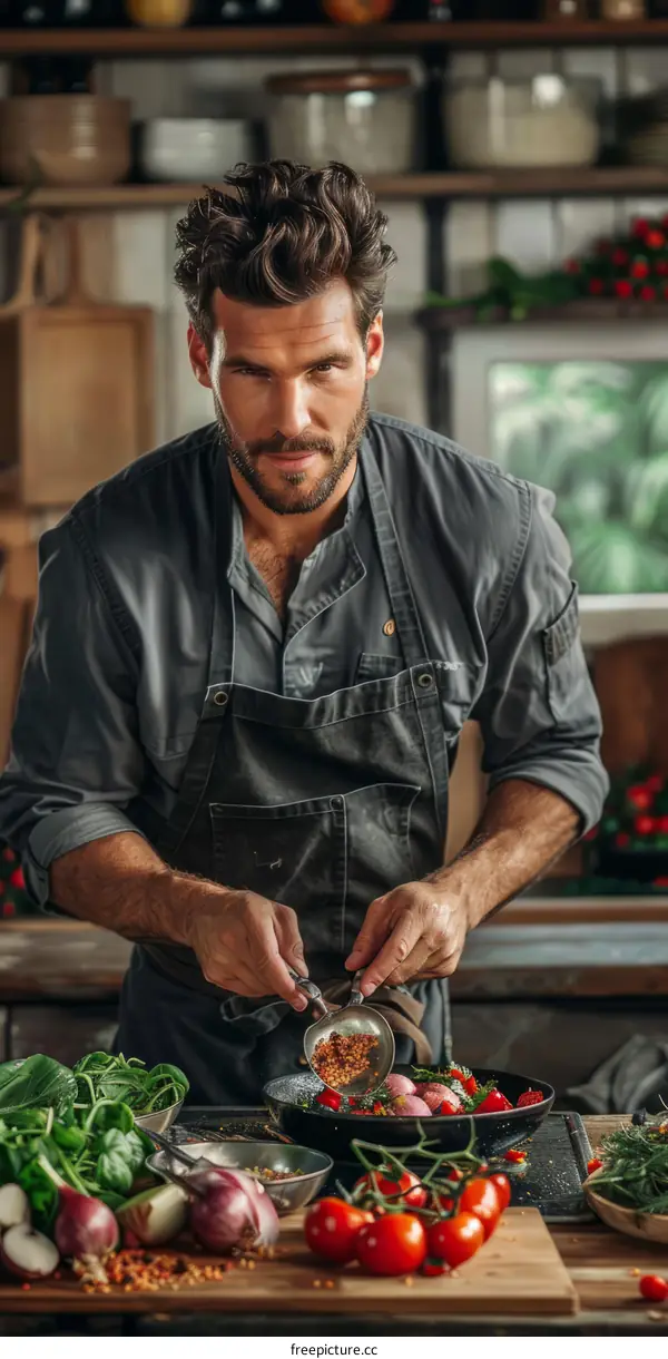 Confident male chef adding spices to dish in kitchen