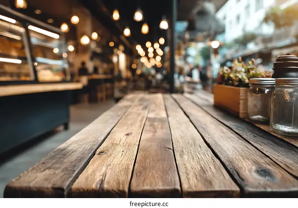 Wooden Table in a Busy Cafe Exterior