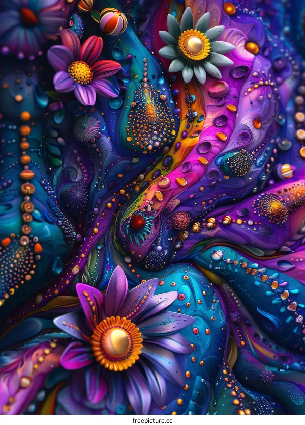 Abstract Floral Canvas Painting in Purple, Blue, Green, and Yellow