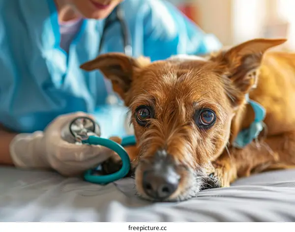 Close up of a veterinarian examining a dog with a stethoscope