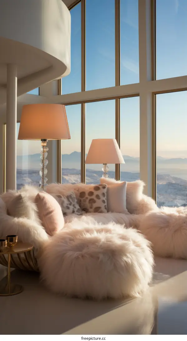 Modern living room interior design with large windows and fluffy white fur furniture