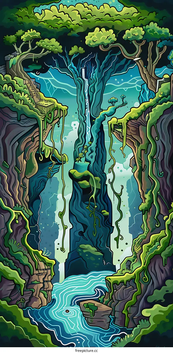 Fantasy Landscape with Waterfall and Lush Greenery