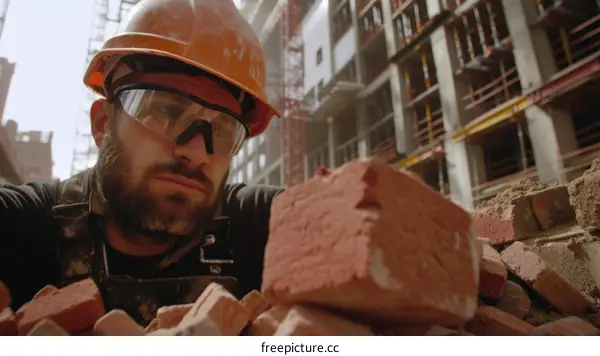 Construction worker picking up a brick from a pile