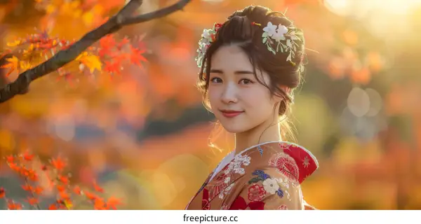 Portrait of a young woman in a kimono standing in a field of red maple leaves