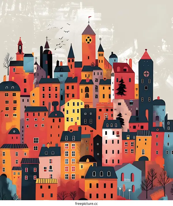 Colorful Cityscape Illustration with Multiple Buildings