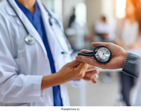 Doctor holding a stethoscope with a patient at a hospital