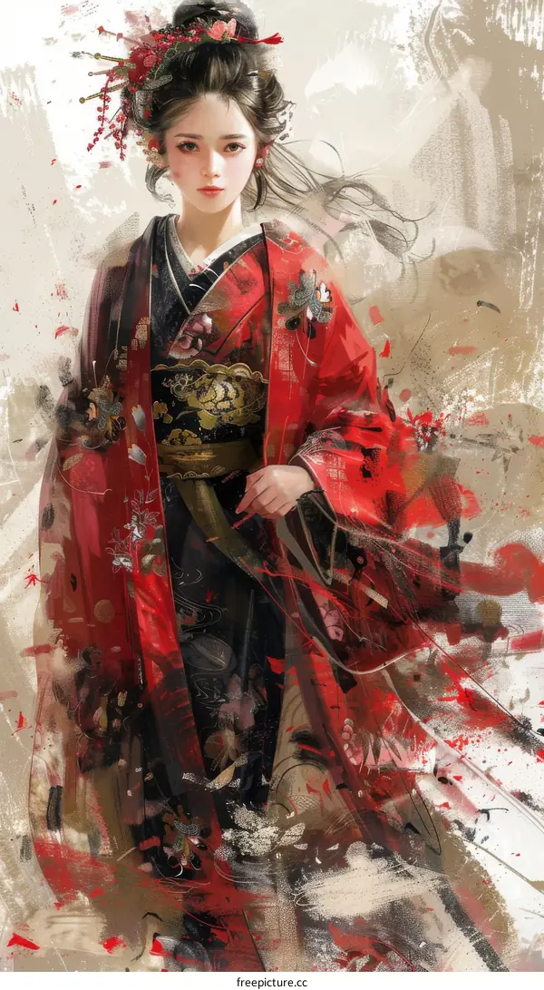 An Ink Painting of a Chinese Lady in Red Hanfu