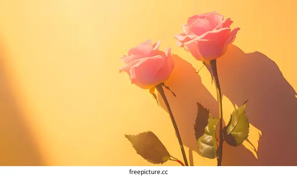Two Pink Roses with Shadows on a Yellow Background