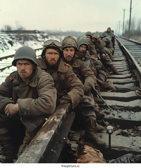 Soviet Soldiers Resting on Train Tracks During Wartime
