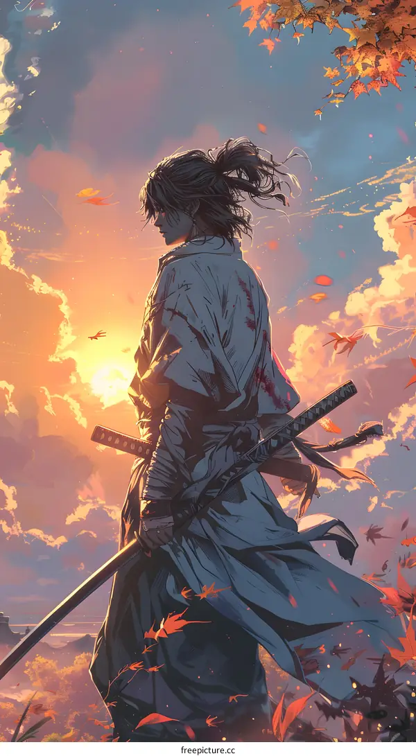 Samurai warrior standing in front of sunset