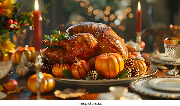 Thanksgiving dinner table with roasted turkey