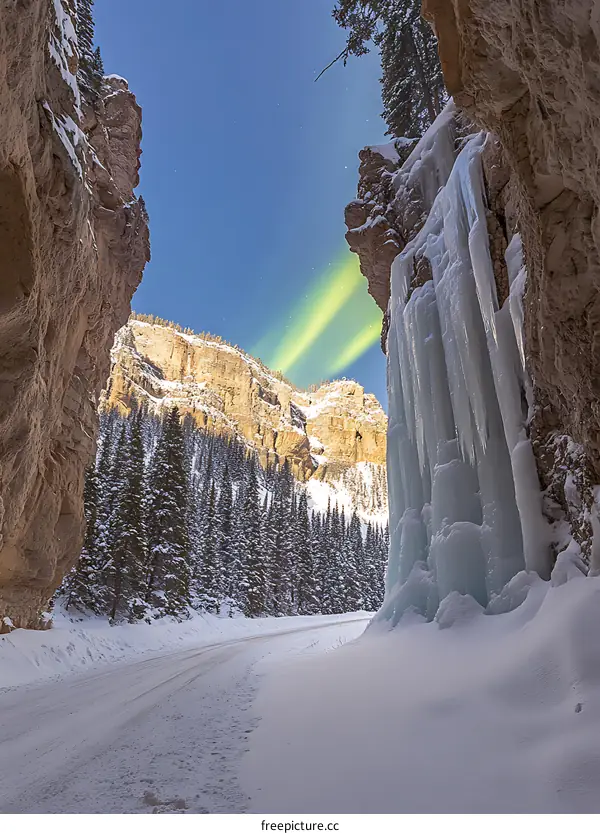 Frozen Waterfall In The Canadian Rockies Under The Aurora Borealis