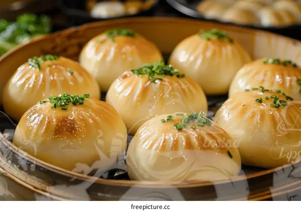 steamed buns in a bamboo steamer