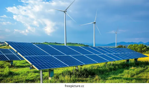 Solar Panels and Wind Turbines in a Rural Landscape