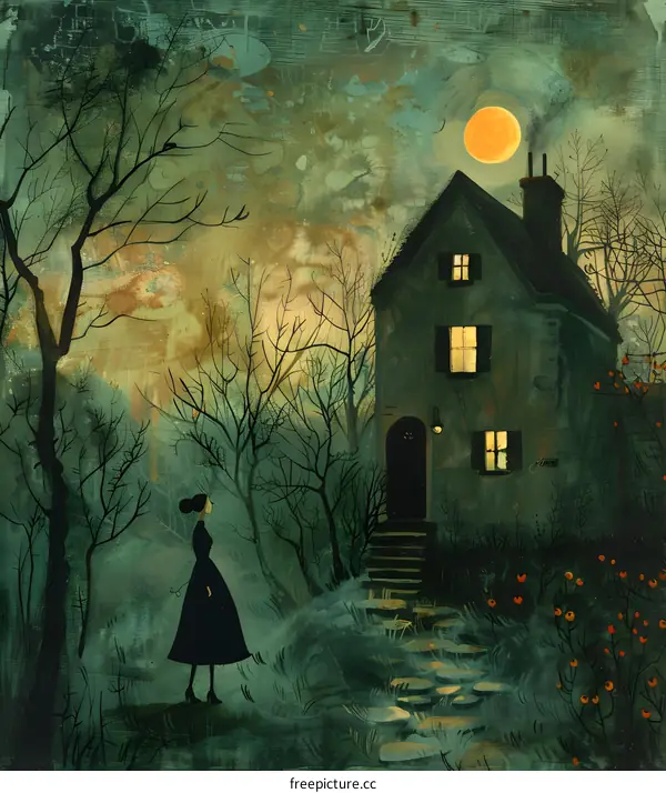 A girl standing in front of a haunted house